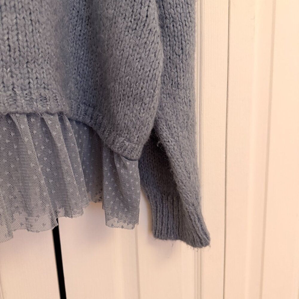 Blue Knit Hoodie with Sheer Ruffle Hem - Picture 5 of 8